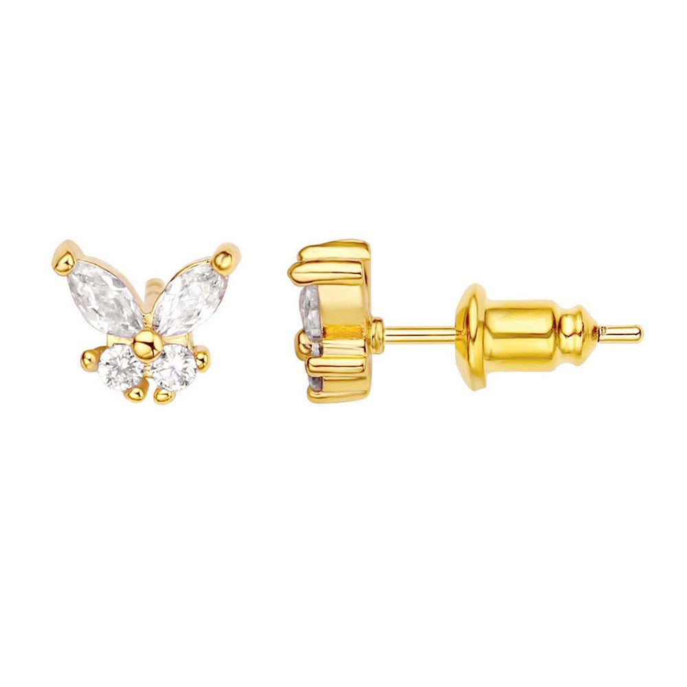 Gold butterfly-shaped earrings on a white background