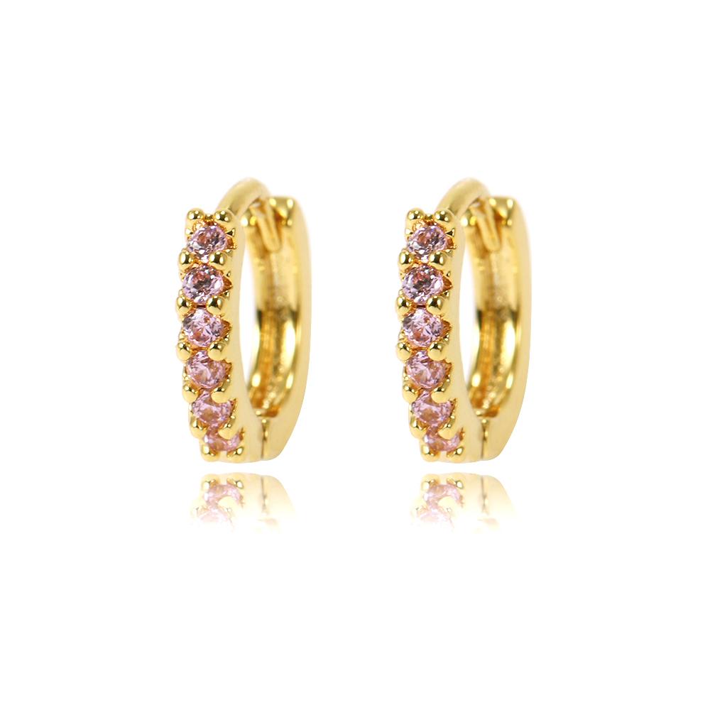 Gold hoop earrings with pink gemstones on a white background