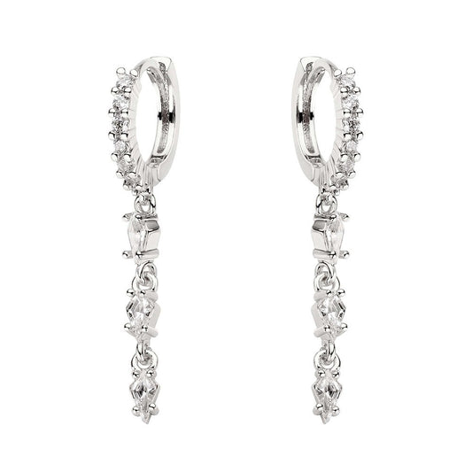 Silver hoop earrings with clear gemstones on a white background